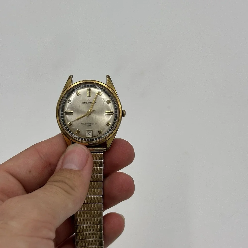 VTG 60s Helbros Self Winding Mechanical Watch DateJust For Parts Broken Gold Ton